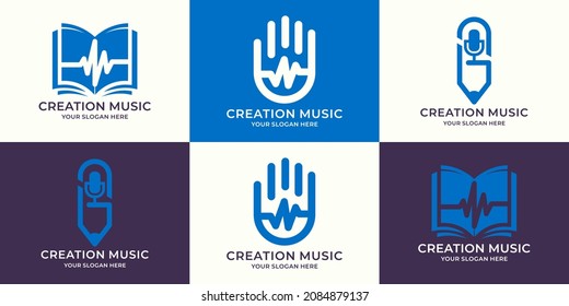 set of logo combination of book frequency hand pulse podcast pen