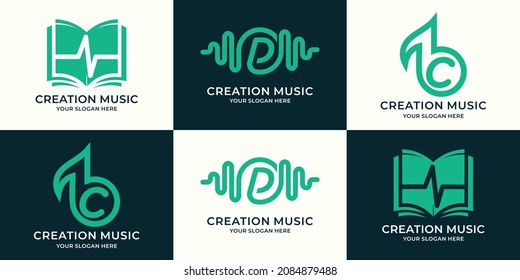 set of logo combination of book music pulse letter d frequency tone