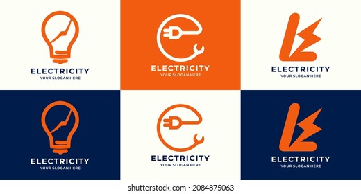 set of logo combination of flash bulb plug letter thunderbolt for electrical