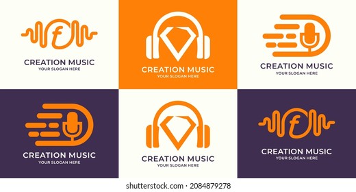 Set Of Logo Combination Of Frequency Music Pulse Gem Headphone Letter F Fast Podcast