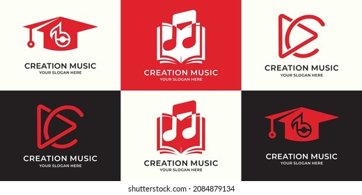 set of logo combination of graduation hat music tone book play button letter c