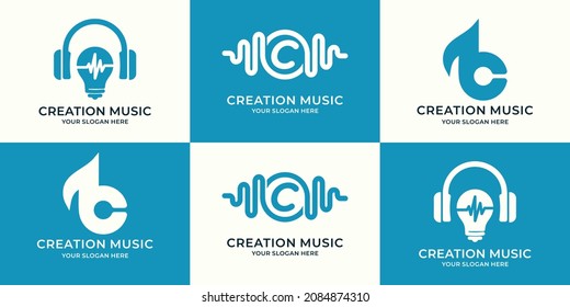set of logo combination of headphone bulb music pulse letter c frequency abstract tone