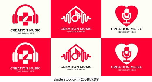 set of logo combination of headphone cross music tone house frequency podcast love