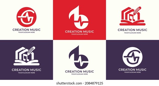 conjunto de logotipo combinación de letra g música pulso libro lápiz tono
