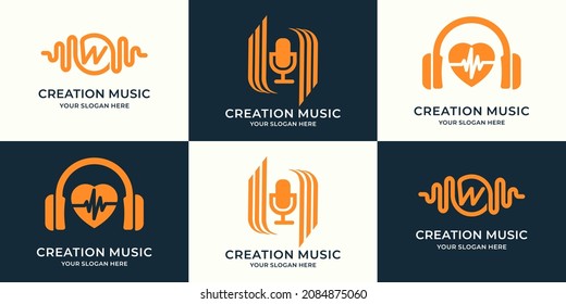 conjunto de logotipos combinación de letra de pulso de música con frecuencia de amor de auriculares podcast