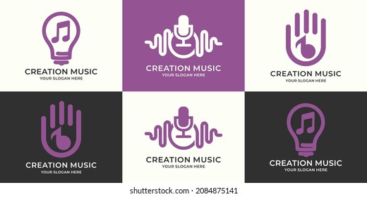 conjunto de logotipos combinación de música bombilla de tono de pulso podcast frecuencia mano