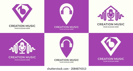 conjunto de logotipo combinación de tonos música ubicación de auriculares podcast