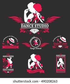 Set logo of dancing couple. Dancer tango illustrations. Dancing people set. The character set for tango. Use for tango studio poster, flayer, web-sites. Tango inscription.