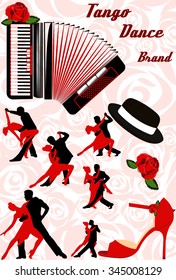 Set the logo of the dancing couple isolate on the pink background. Dancers illustrations. Dancing people set. Tango. Dancing couple vector illustration. The character set for tango