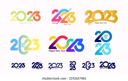 Conjunto de diseño de logotipo 2023 Feliz Año Nuevo. Plantilla de diseño de números de 2023 de color vector. Decoración navideña 2023 Símbolos de Feliz Año Nuevo. Diseño moderno de Navidad para banner, red social, portada y calendario.