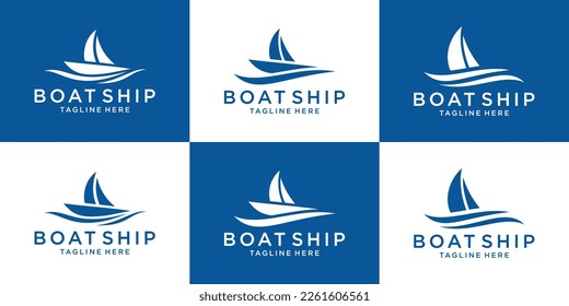 set logo design boat ship and wave icon vector illustration