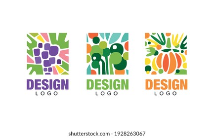 Set of Logo Design with Fresh Fruits, Vegetarian Food Templates, Packaging Labels, Banner, Poster, Abstract Background with Floral Desin Cartoon Style Vector Illustration