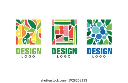 Conjunto de diseños de logotipos con frutas frescas, plantillas de alimentos vegetarianos, etiquetas de embalaje, pancarta, afiche, fondo abstracto con peras, azul diseño ornamental Ilustración