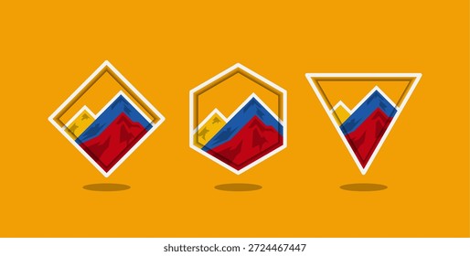 definir montanha de design de logotipo com estilo e forma de arte de linha. definir montanha de logotipo com 3 formas diferentes. hexágono, triângulo, design de logotipo rhombus.