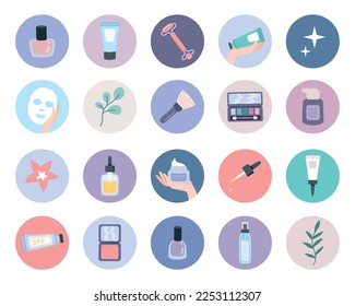 Set of logo design templates, icons and badges for social media highlights, trendy cute cosmetics beauty and facecare concept. Skin care products and decorative cosmetics vector icons in flat style. 