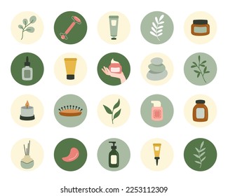 Set of logo design templates, icons and badges for social media highlights with trendy cute ecological organic cosmetics beauty concept elements. Vector illustration