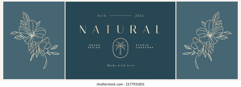 Set of logo design templates in trendy linear style in gold tones. Dawn with flowers - luxury and jewelry concepts for exclusive services and products, beauty and spa industry