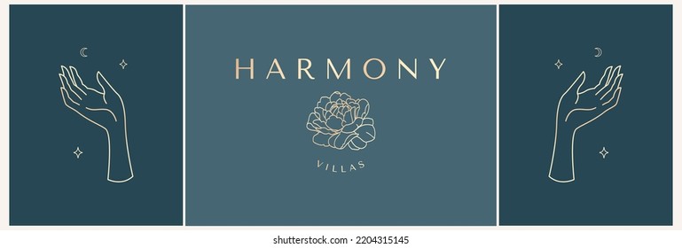 Set of logo design templates in trendy linear style in gold tones. Dawn with flowers - luxury and jewelry concepts for exclusive services and products, beauty and spa industry
