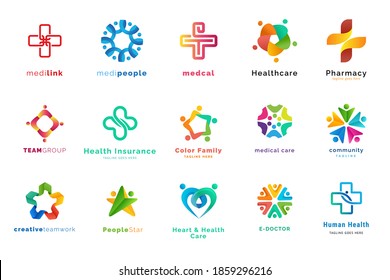 Set of logo design templates. Vector illustrations on the topic of medicine, health, healthcare, e-doctor, pharmacy, insurance.