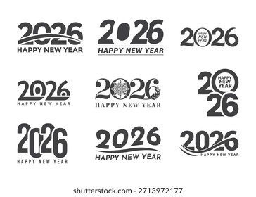 Set of logo designs for 2026 featuring Happy New Year themes. Clean 2026 text logo templates with prominent vector lettering for festive New Year celebration designs.