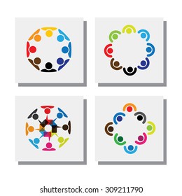 set of logo designs of employees in circles - vector icons. this also represents concepts like employee meetings, workers solidarity, unity and cooperation, team and teamwork