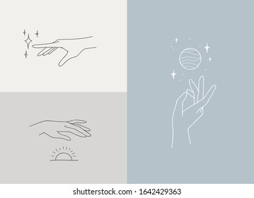Set of logo designs with hands. Modern template in trendy linear minimal style. Vector abstract emblem 