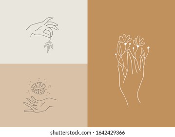 Set of logo designs with hands. Modern template in trendy linear minimal style. Vector abstract emblem 