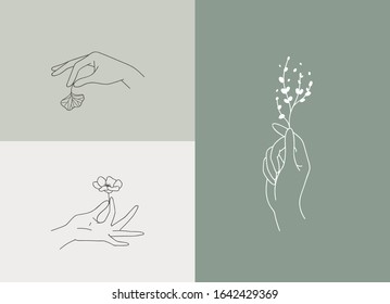 Set of logo designs with hands. Modern template in trendy linear minimal style. Vector abstract emblem 
