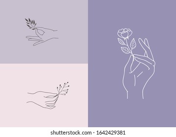 Set of logo designs with hands. Modern template in trendy linear minimal style. Vector abstract emblem 