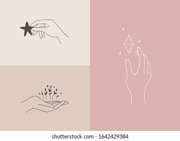 Set of logo designs with hands. Modern template in trendy linear minimal style. Vector abstract emblem 