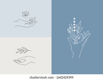 Set of logo designs with hands. Modern template in trendy linear minimal style. Vector abstract emblem 