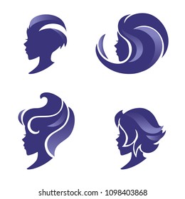 Set of logo elements for beauty salon, cosmetic, barbershop, spa. Female face, hair on white background.