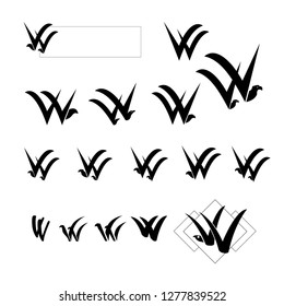 Set of logo elements, letter W, two birds silhouette, black sign icons, vector elements isolated on wihte background, graphic design for your design