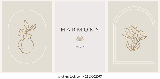 Set of logo elements with vase and magnolia in linear style
