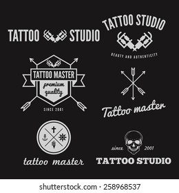 Set of logo, emblem, badge, print, sticker or logotype elements for tattoo salon or tattoo master 