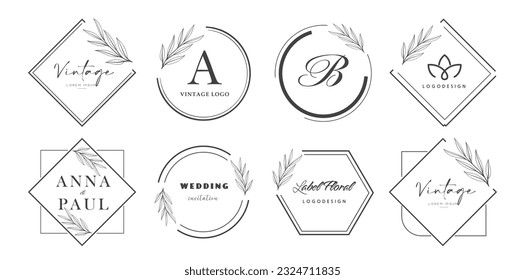 Set of logo emblems with floral elements. Badges for brand label. Wedding invitation card frames. Vector EPS10