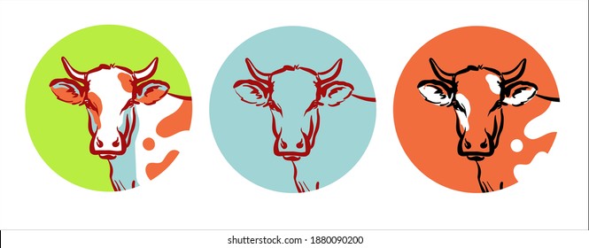 A set of logo emblems. The head of a cow or bull in a circle. Green, blue, orange color of icons.