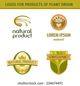 Set logo for farmers, agricultural products. Natural, fresh, grown in ecologically clean area. Image field, tree sprouts. Shades of green and gold.