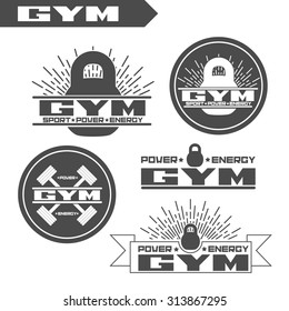 Set logo for fitness, gym. Emblems, labels, badges, logos. Monochrome vector isolated. Flat design. Modern.