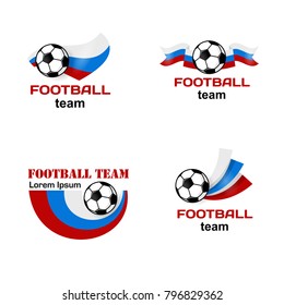 Set Logo Football team in Russia. Poster with Russian flag. Vector Illustration. Flat colored banner isolated soccer ball concept. Football sport banner.