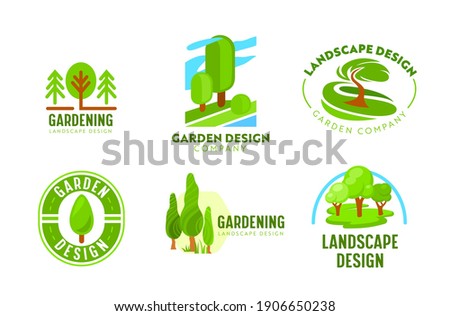 Set of Logo Garden Landscape Design. Gardening, Green Landscaping Company Icons. Tree Park, Nature Eco Village Woodland and Parkland Horticulture and Planting Association. Cartoon Vector Illustration
