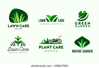 Set Of Logo Garden And Lawn Care Service. Gardening Company Icons, Plants Care, Lawn Mower In Park, Nature Eco Village Or Woodland And Parkland Garden Grass Mowing. Cartoon Vector Illustration