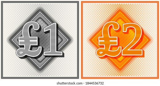 Set. Logo with guilloche mesh pattern one and two pounds sterlings denomination. Background with dots in a frame. EPS10