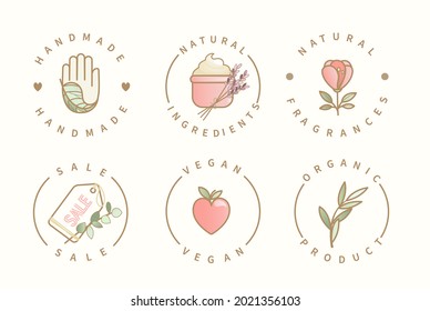 Set of logo for handmade, natural ingredients and fragrances, sale, vegan and organic product.Icons,labels for menu, packaging,packing, cosmetology, production.Vector illustration in flat style.