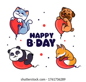 Set of logo Happy Birthday with animals. Funny panda, cat, pug, foxy and lettering phrase. Emblem on white background isolated.  Beautiful greeting card in vector illustration