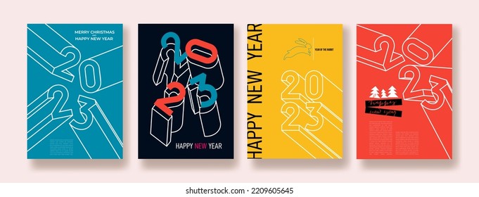 Set of logo Happy New Year posters. 2023 colorful abstract design typography 2023 for celebration and season decoration, backgrounds, branding, banner, cover, card. Vector social media template.