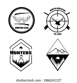 set logo hunter deer with a rifle shooter with a silhouette retro style design vector