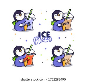 Set of logo ICE Drink. Logotype penguins with milk cocktails. Funny animals, cartoon characters, badges, stickers, emblem on white background. Vector illustrations for poster