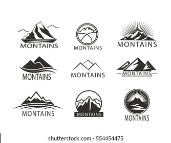 Set Of Logo, Icon Montains In Black White. Climbing Label, Hiking Travel. Design For Web, Websites, App, Print, Presentation Templates, Mobile Applications And Promotional Materials. Different Shape