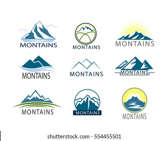 Set Of Logo, Icon Montains In Color. Climbing Label, Hiking Travel And Adventure. Graphic Design For Web, Websites, App, Print, Mobile Applications And Promotional Materials. Different Shape